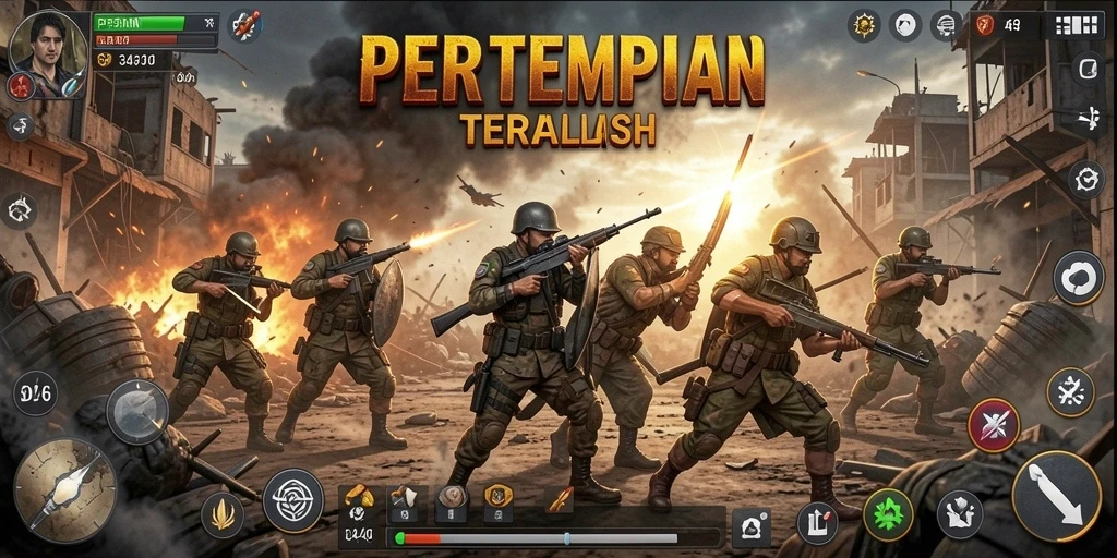 Screenshot utama 3446 yang menunjukkan aksi pertempuran Battle Royale yang intens.