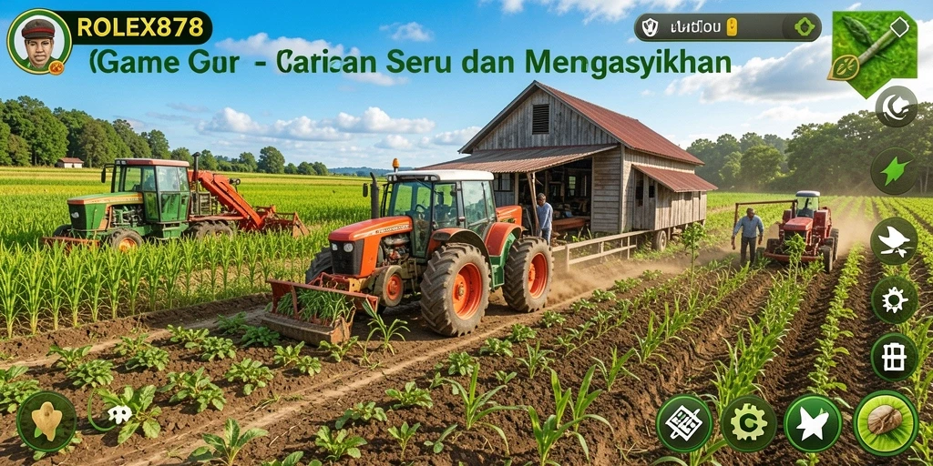 Tangkapan layar gameplay <strong>ROLEX878</strong> yang menampilkan ladang yang subur dan beragam tanaman.