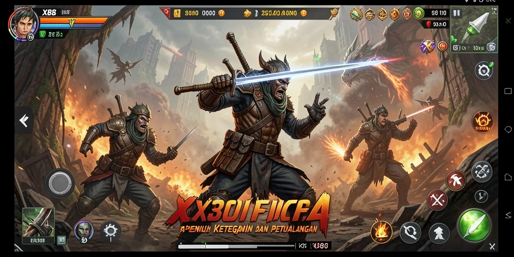 Screenshot gameplay X88 menunjukkan aksi seru dalam pertempuran.
